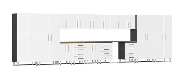 Ulti-MATE UG22172W - 24' Wide 17 Piece Cabinet System With Bamboo Worktop and Starfire White Facings