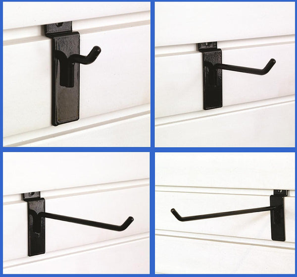 Single Slatwall Hook Variety Pack- Four sizes - 24 Hooks Total - Black