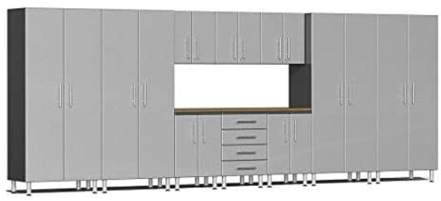 Ulti-MATE 2.0 Series UG22112S - Stardust Silver 18' Wide 11-Piece Garage Cabinet Kit with Solid Bamboo Worktop