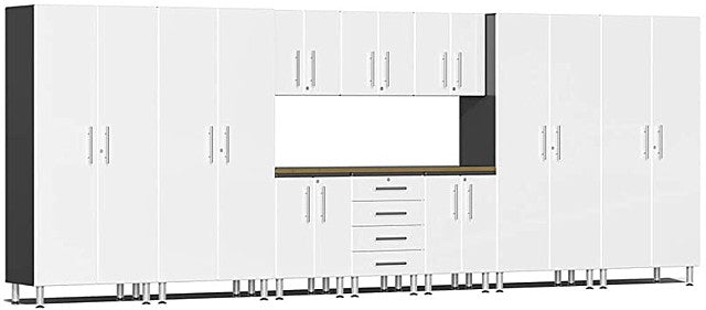 Ulti-MATE 2.0 Series UG22112W - Starfire White 18' Wide 11-Piece Garage Cabinet Kit with Solid Bamboo Worktop