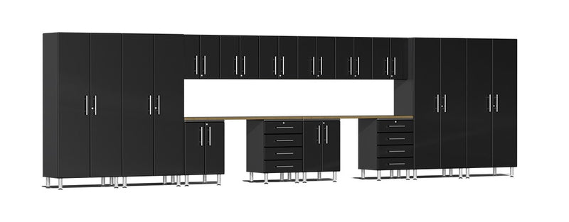 Ulti-MATE UG22162B - 24' Wide 16-Piece Garage Cabinet Kit with Midnight Black Facings  and Dual Work Stations