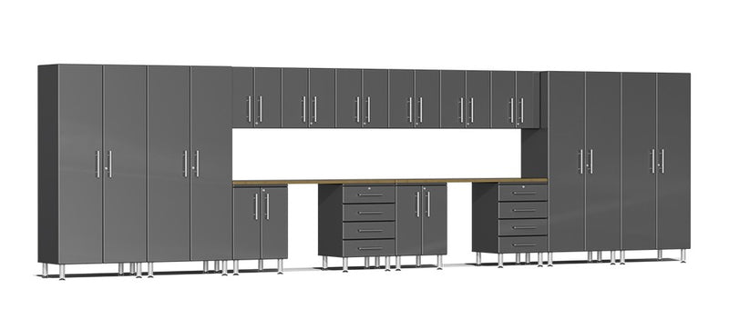 Ulti-MATE UG22162G - 24' Wide 16-Piece Garage Cabinet Kit with Graphite Grey Facings and Dual Work Stations