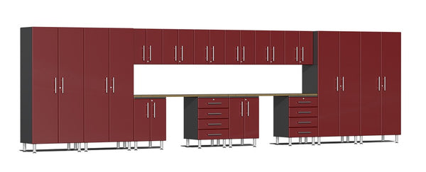 Ulti-MATE UG22162R - 24' Wide 16-Piece Garage Cabinet Kit with Ruby Red Facings and Dual Work Stations
