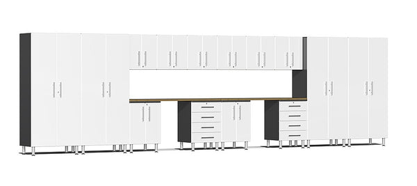 Ulti-MATE UG22162W - 24' Wide 16-Piece Garage Cabinet Kit with Starfire White Facings and Dual Work Stations