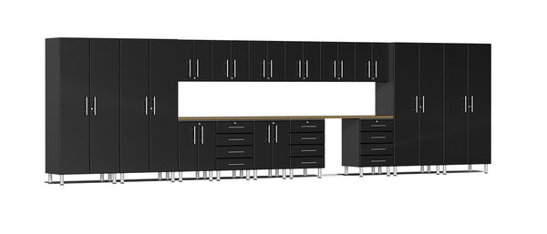 Ulti-MATE UG22172B - 24' Wide 17 Piece Cabinet System With Bamboo Worktop and Midnight Black Facings