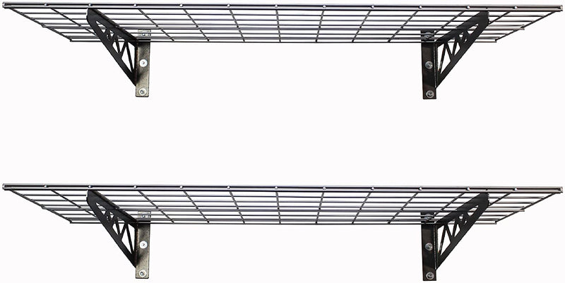 TWO Heavy Duty 24" Inch Deep X 48" Wide Hammertone Wire Grid Wall-Mount Shelves - 8 Linear Feet Total &  250 LB Capacity Per Shelf!