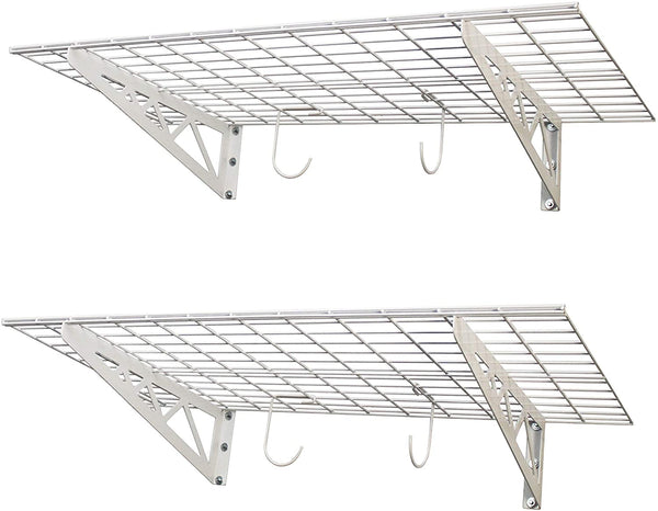 TWO Heavy Duty 24" Inch Deep X 48" Wide White Wire Grid Wall-Mount Shelves - 8 Linear Feet Total &  250 LB Capacity Per Shelf!