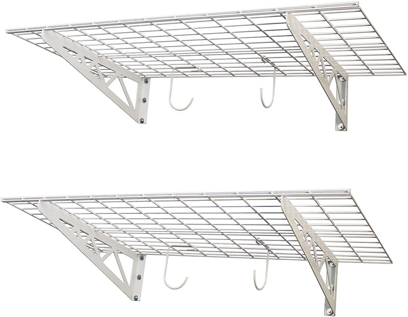 TWO Heavy Duty 24" Inch Deep X 48" Wide White Wire Grid Wall-Mount Shelves - 8 Linear Feet Total &  250 LB Capacity Per Shelf!
