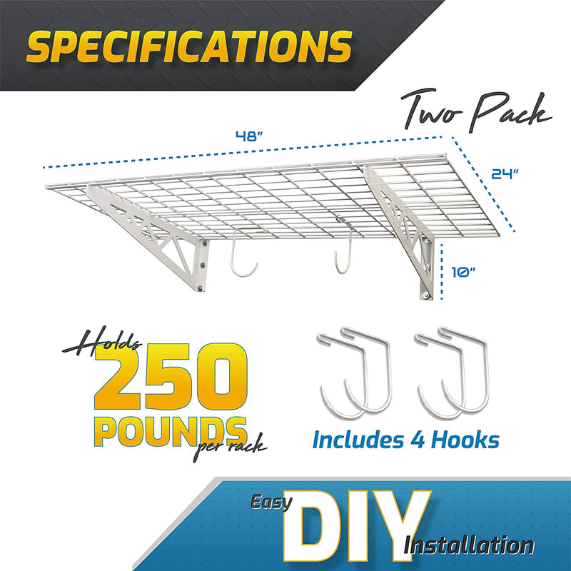 TWO Heavy Duty 24" Inch Deep X 48" Wide White Wire Grid Wall-Mount Shelves - 8 Linear Feet Total &  250 LB Capacity Per Shelf!